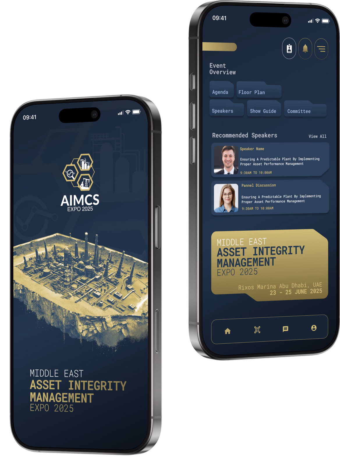 AIMCS Expo 2025 app splash and event overview screens