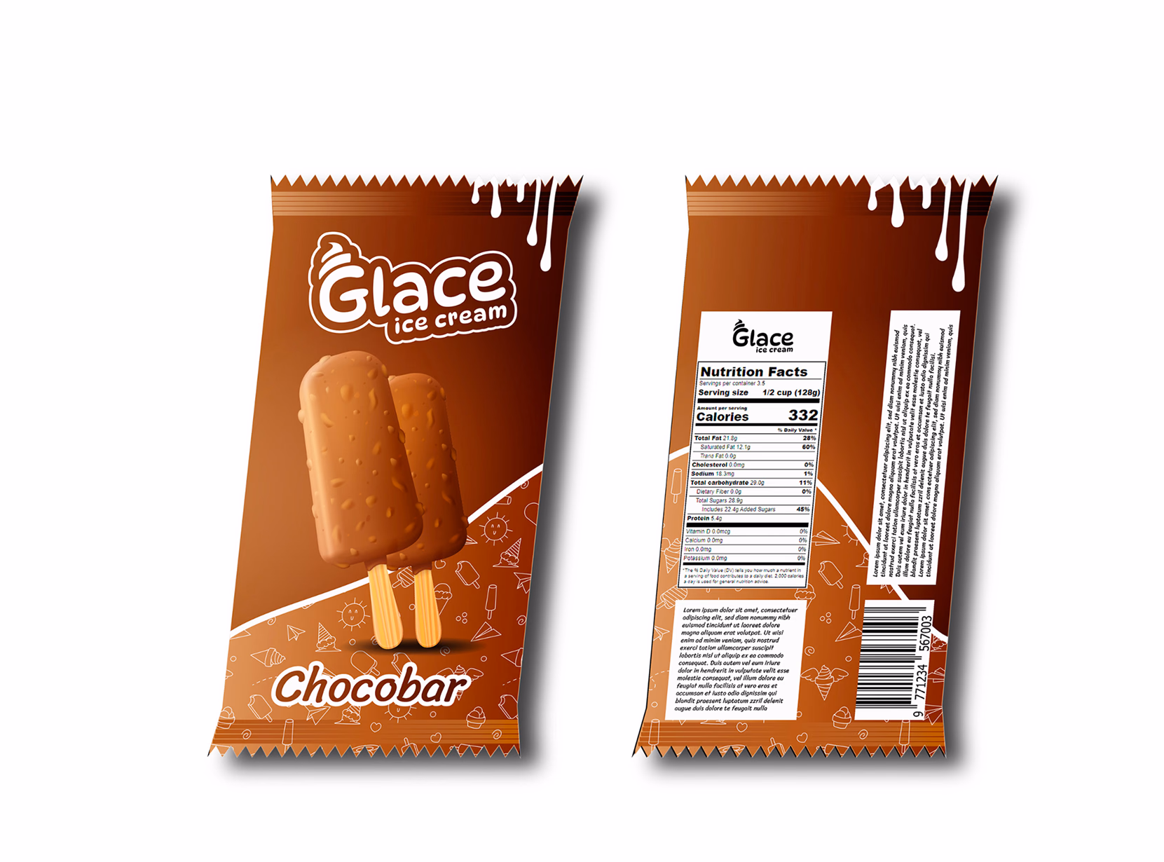Glace chocobar wrapper, front and back