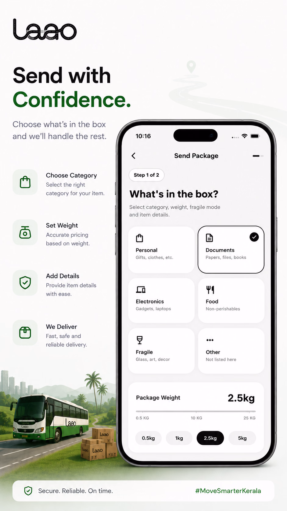 Laao app send package flow — choose category and weight