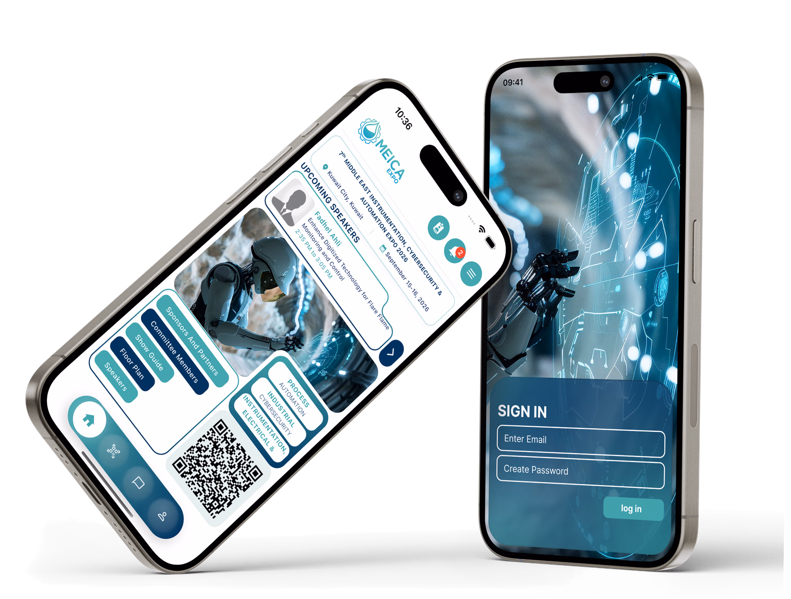 MEICA Expo mobile app home and sign-in screens
