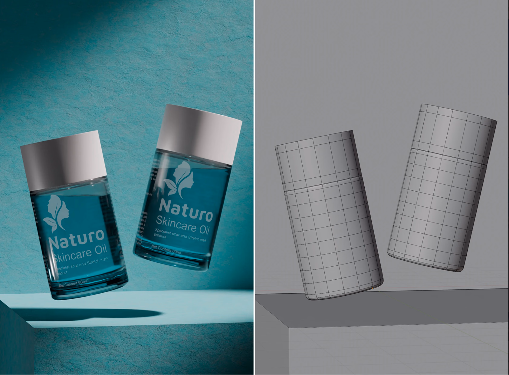 Naturo skincare bottles, render and wireframe