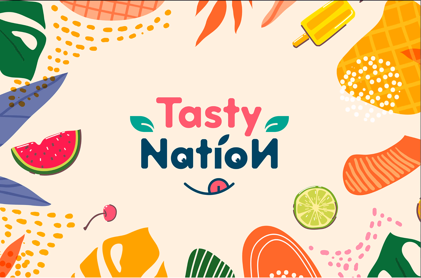 Tasty Nation logo on its tropical pattern