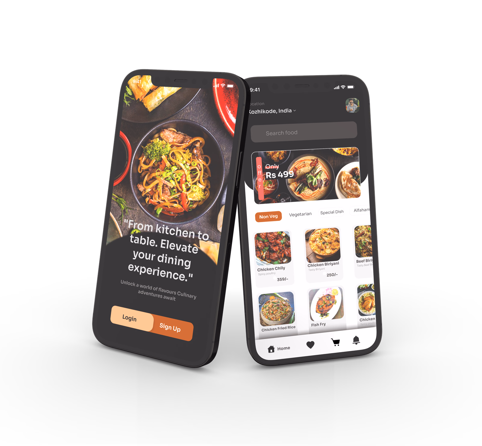 Wow Food app welcome and menu screens